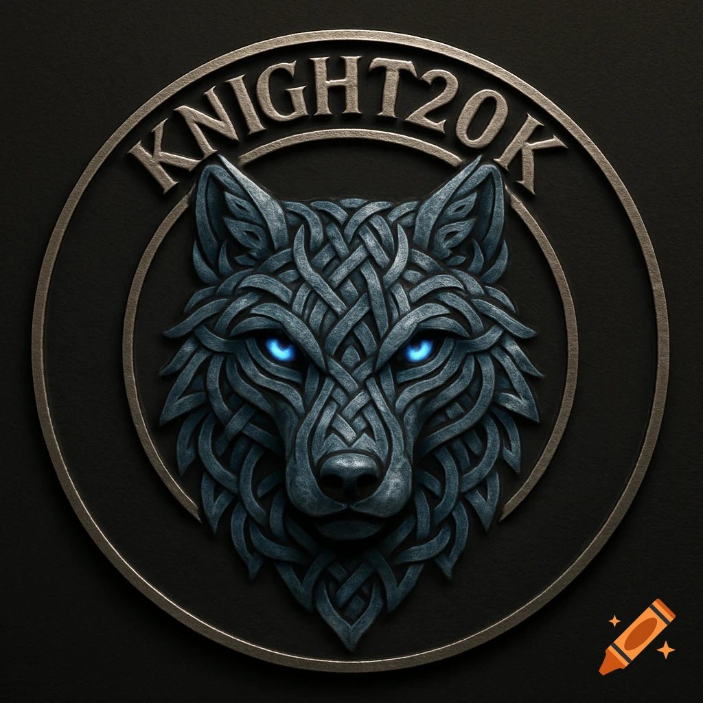 A blue and grey Celtic knot wolf head with glowing blue eyes in an emblem, with 'KNIGHT20K' text above it.