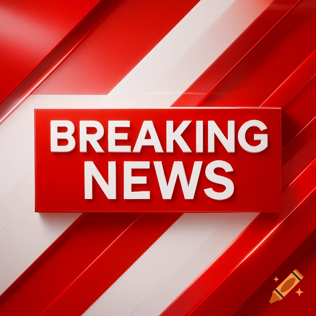 A 3D graphic featuring "BREAKING NEWS" in white letters on a red rectangle, against a background of red and white diagonal stripes.