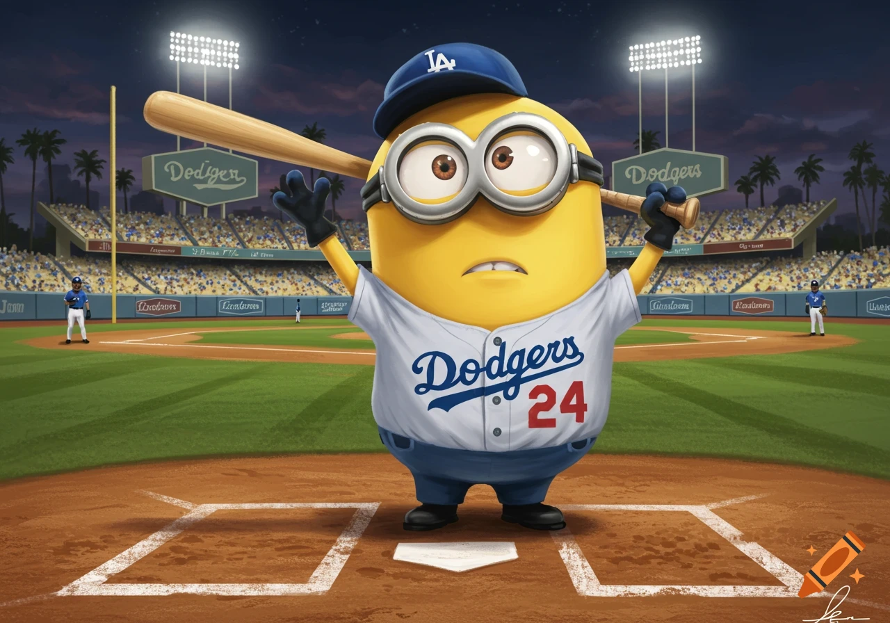 A Minion wearing a Dodgers baseball uniform and cap stands at home plate with a bat, in a stadium at night. The stadium is lit by floodlights and filled with spectators.