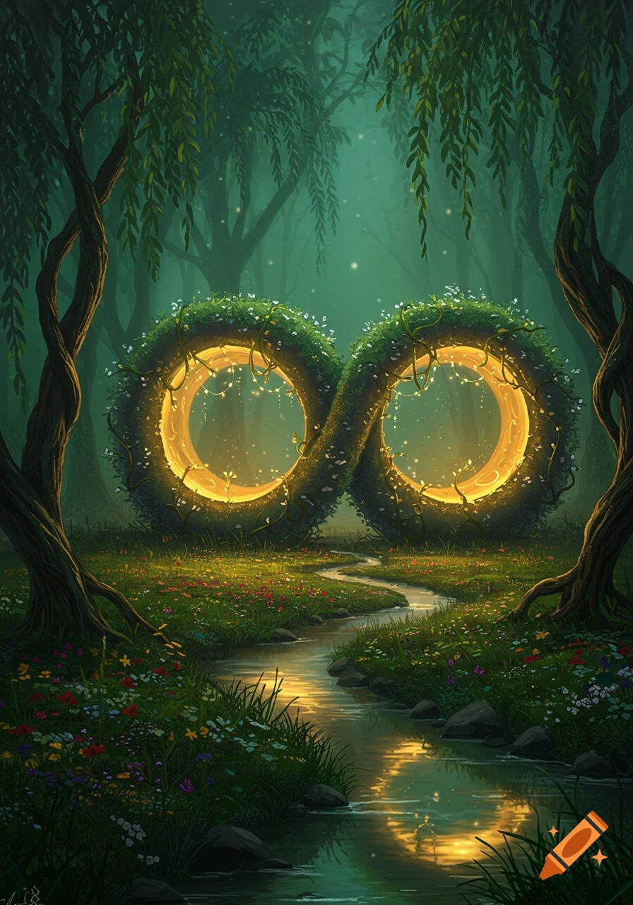 A mystical forest scene with a glowing, vine-covered infinity symbol above a winding stream, surrounded by trees and wildflowers.