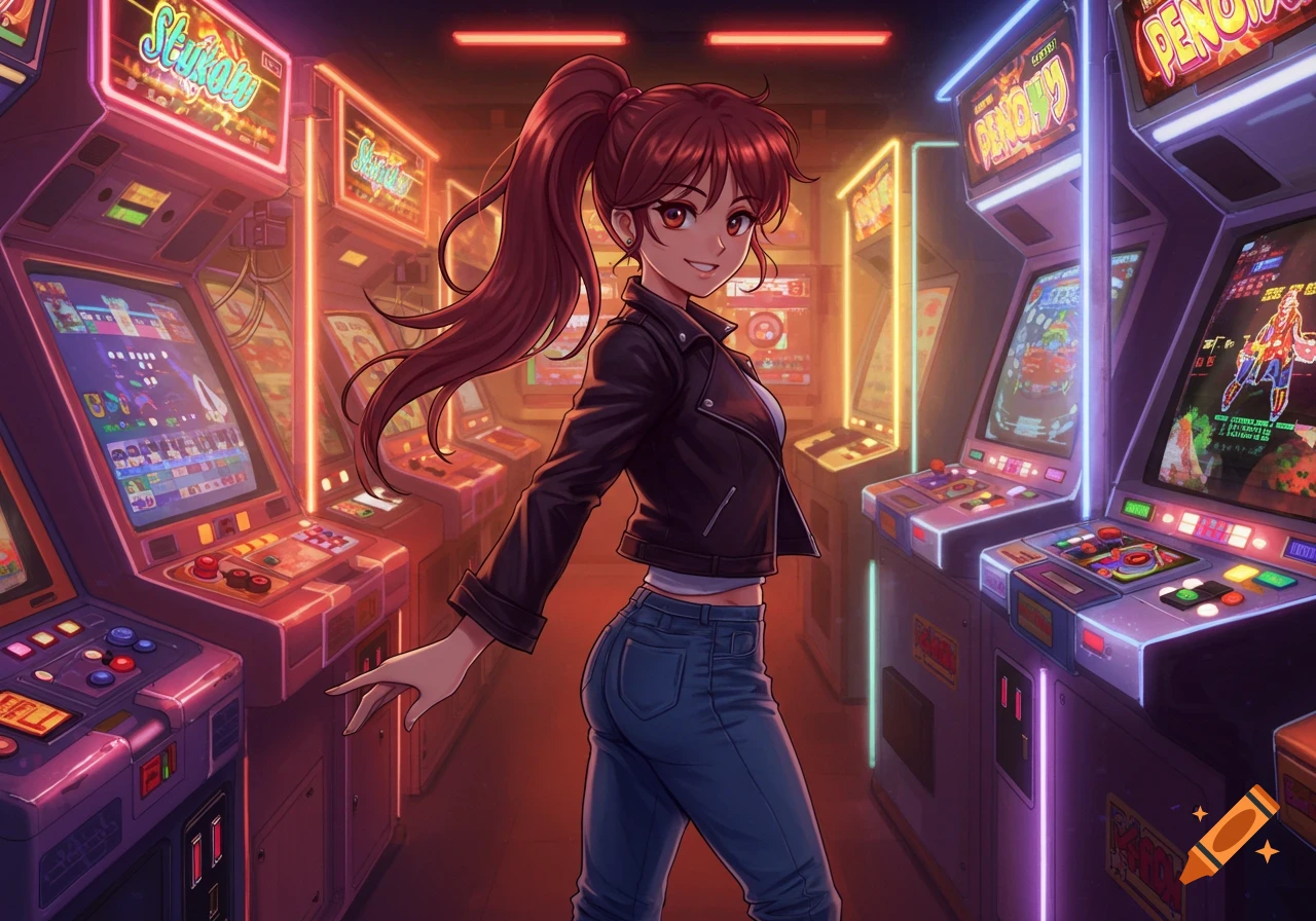 An anime girl with reddish-brown hair in a ponytail, wearing a leather jacket and jeans, stands smiling in a neon-lit arcade.
