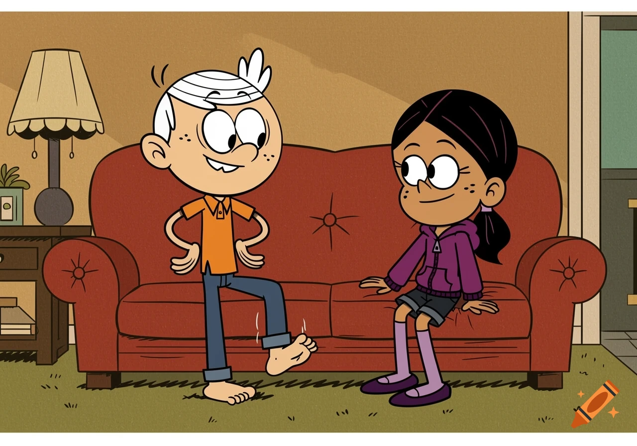 Cartoon boy Lincoln Loud wiggles his barefoot toes while girl Ronnie Anne sits on a red couch, both smiling.