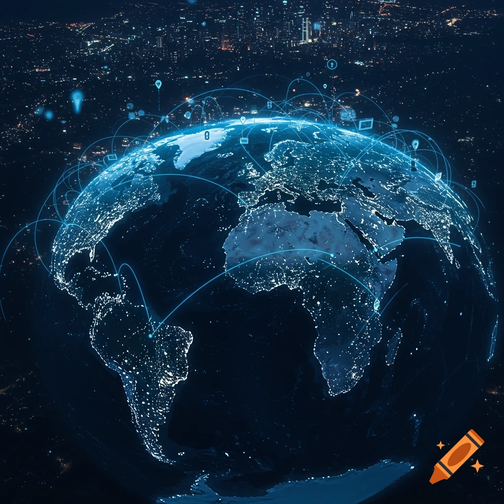 A stylized dark blue globe of Earth from space, covered in bright white city lights and interconnected by glowing blue network lines.