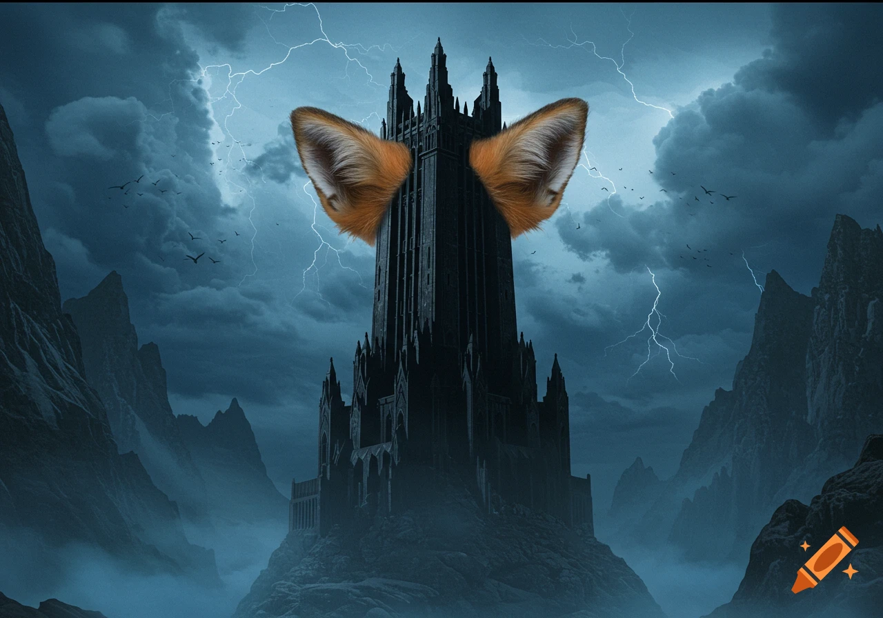 Dark gothic tower with fox ears on top, silhouetted against a stormy sky with lightning and misty mountains.