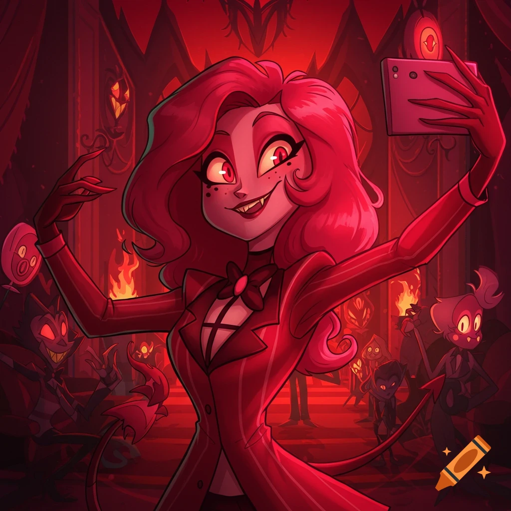 A smiling, pink-haired demon woman in a red pinstripe suit takes a selfie in a hellish hall with other demons, cartoon style.