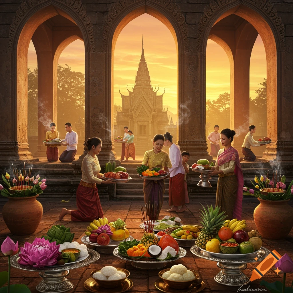 Pchum Ben Day celebration in Cambodia. People in traditional attire offer food and fruit at a temple with a pagoda in the sunset.