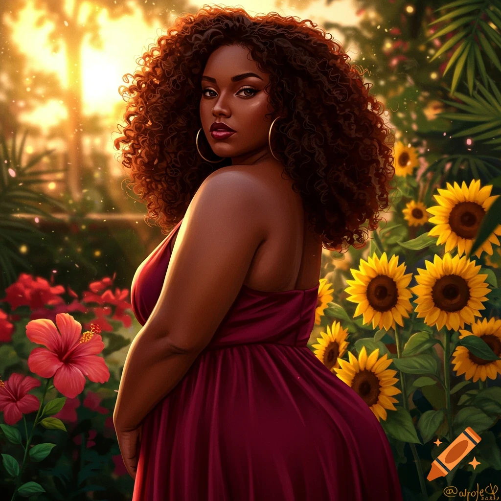 Photorealistic portrait of a brown woman with curly hair looking over her shoulder, in a sunny garden with hibiscus and sunflowers.