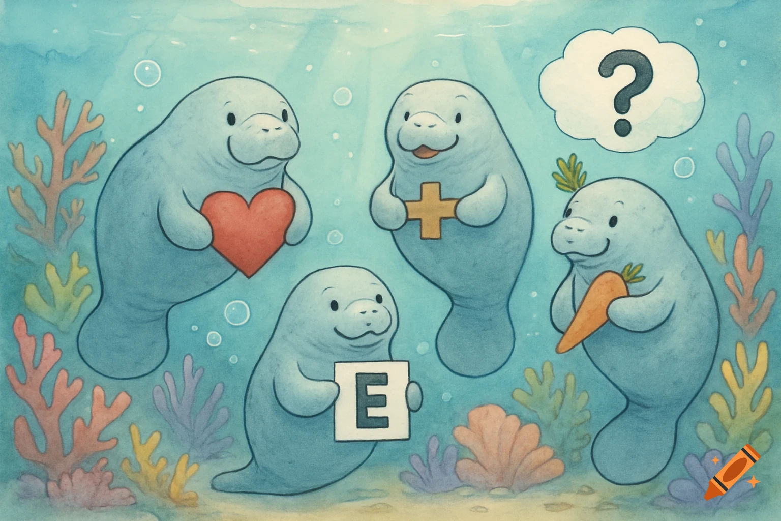 A watercolor cartoon of four smiling manatees underwater with coral. They hold a red heart, a golden cross, a letter 'E' sign, and a carrot, with a question mark thought bubble above one.