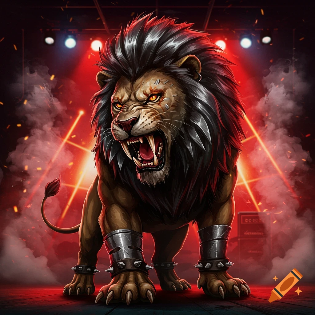 A stylized, ferocious lion with a punk rock mane and metal bands on its legs, roaring on a smoky stage with red spotlights and laser beams.