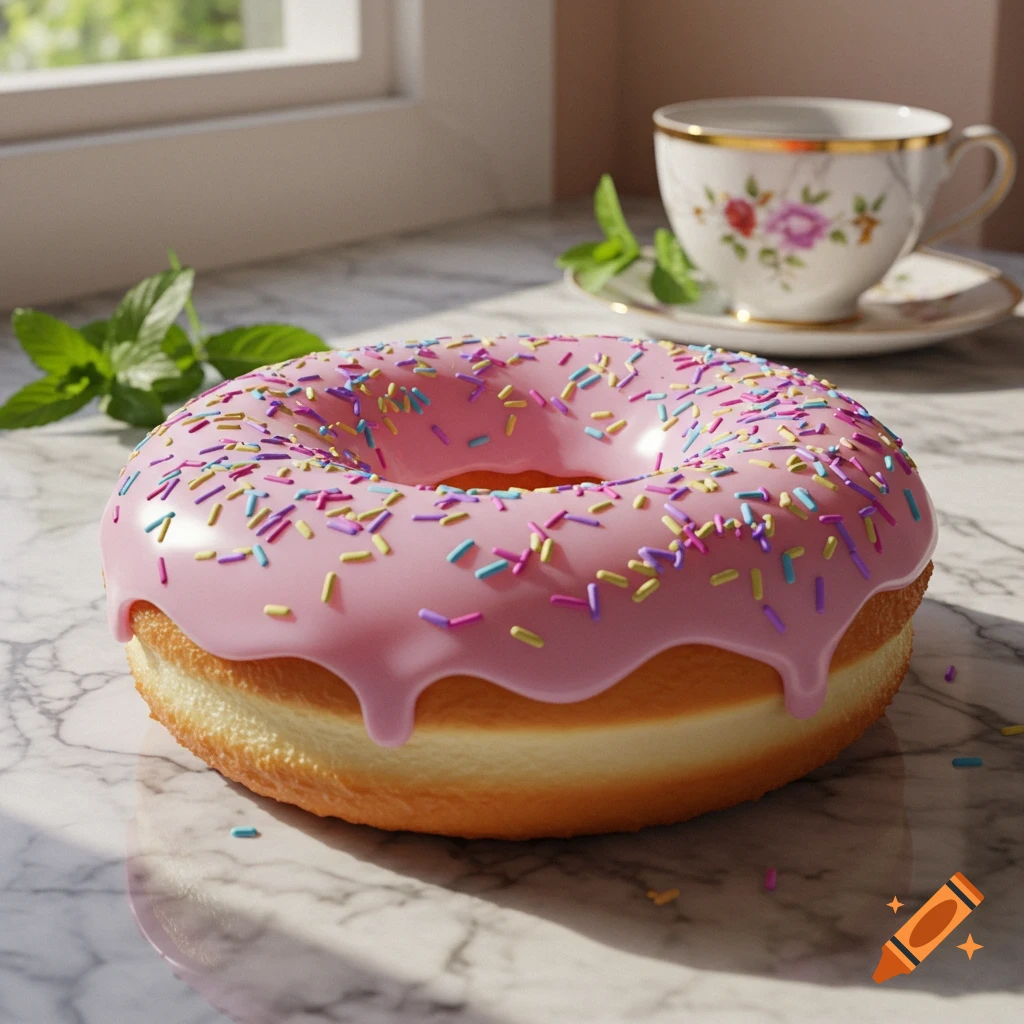 A photorealistic pink-frosted donut with colorful sprinkles sits on a marble counter with a teacup and mint leaves in the background.