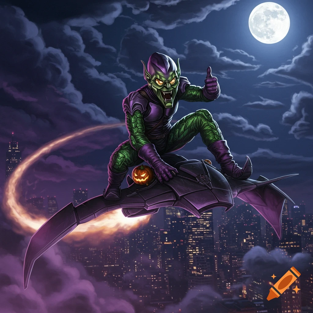 The Green Goblin supervillain flies on his glider over a city at night, giving a thumbs up, in a comic art style.