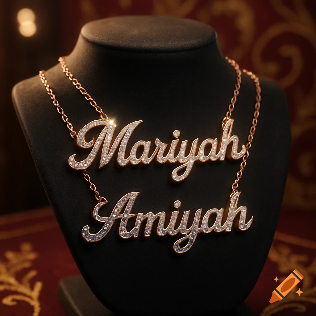 Two rose gold name necklaces, 'Mariyah' and 'Amiyah', encrusted with diamonds, displayed on a black jewelry bust.