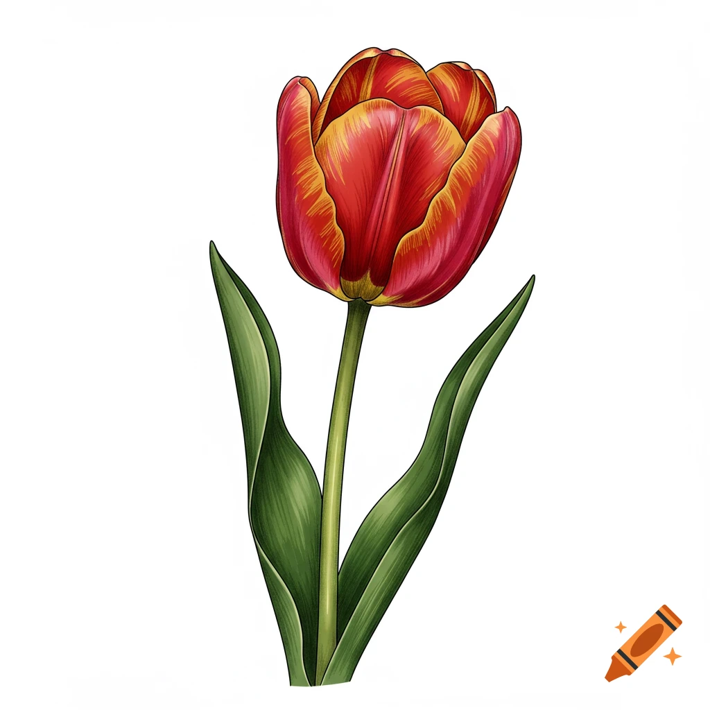 Illustration of a single red and yellow tulip with green stem and leaves on a white background.