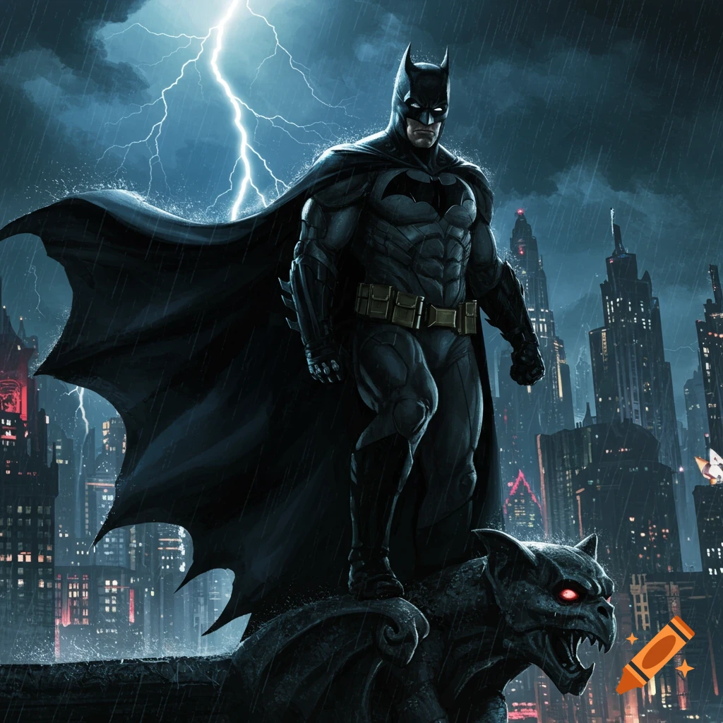 Batman stands on a gargoyle overlooking a stormy Gotham City skyline with lightning in the background, in a comic book art style.