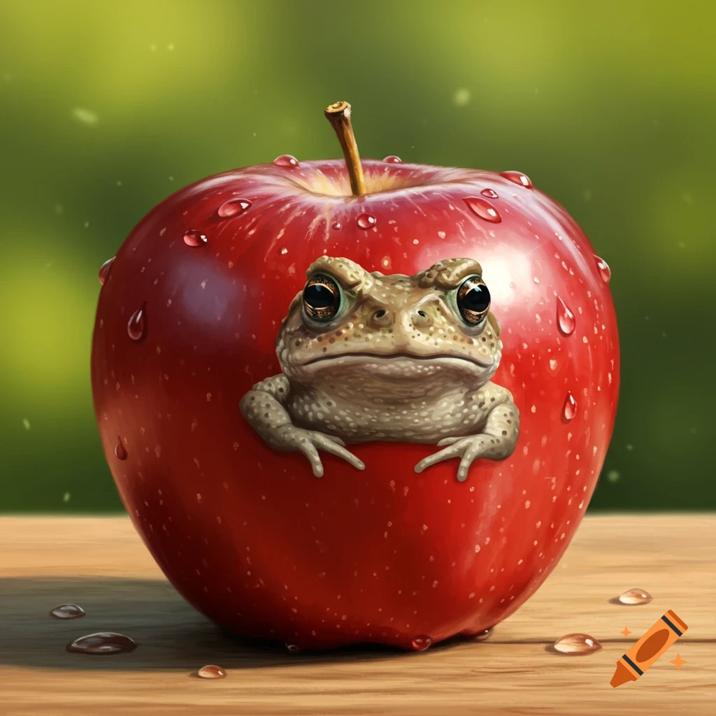 A detailed toad peers out of a red apple covered in water droplets, on a wooden surface with a green background.