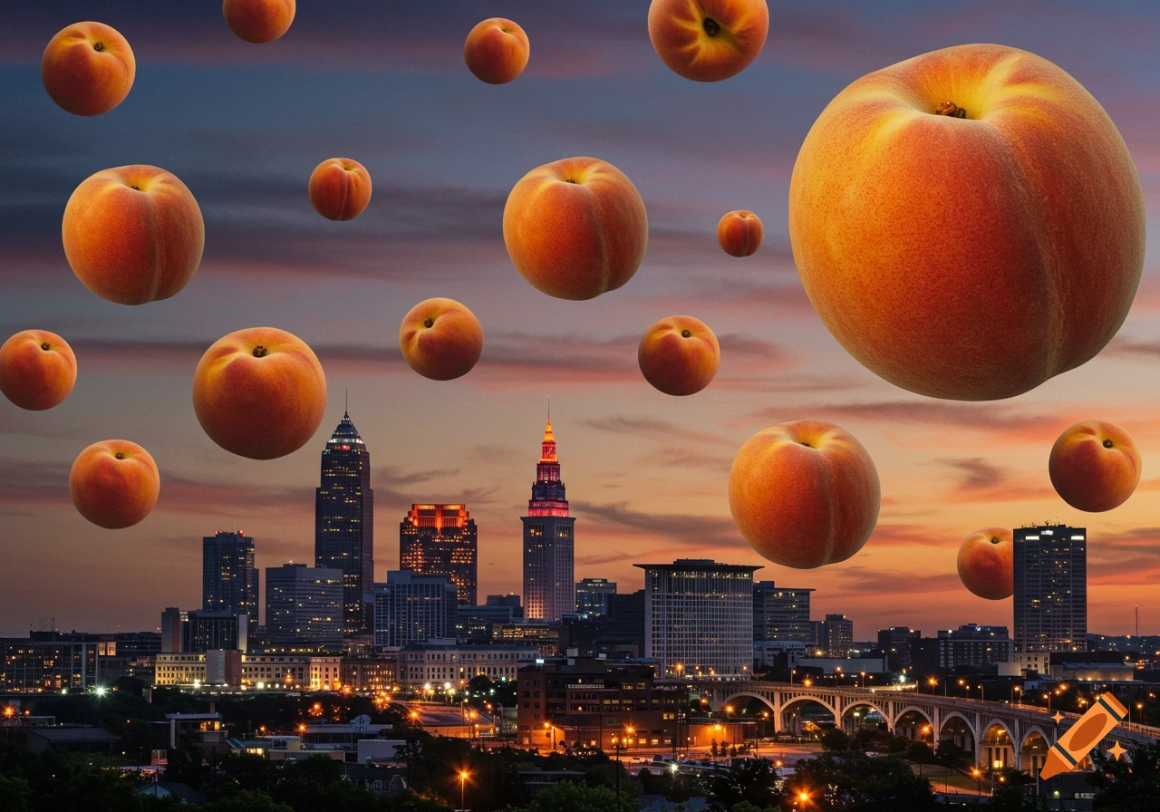 Photorealistic peaches float over the Cleveland, Ohio skyline at dusk.