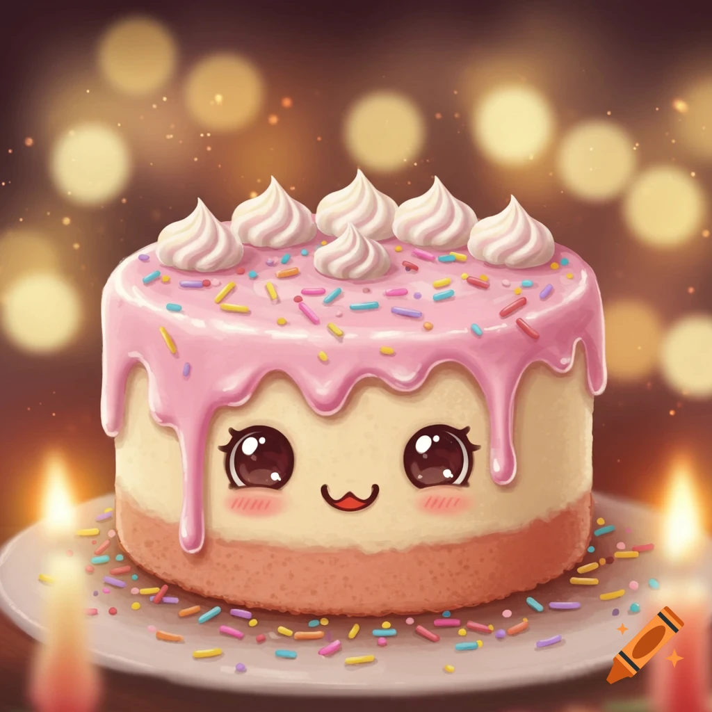 A cute, cartoonish birthday cake with pink frosting, colorful sprinkles, a smiling face, and large eyes, surrounded by glowing candles and bokeh lights.