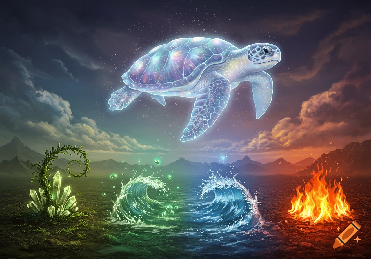 Ethereal, glowing turtle floats above a landscape split into earth (crystals), water (waves), and fire; mystical fantasy art.