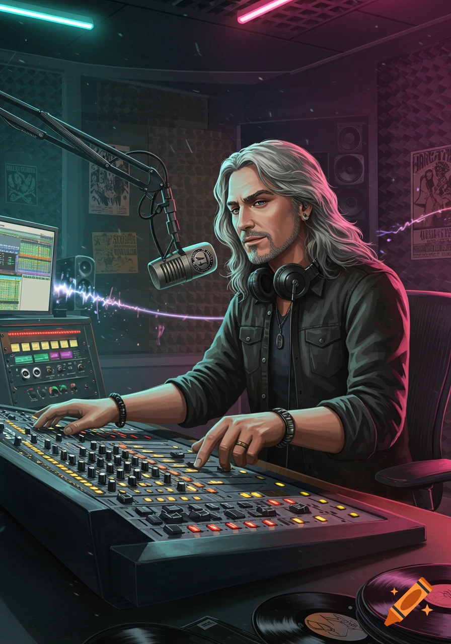 A man with long gray hair and headphones operates a mixing board in a neon-lit radio studio, digital art.