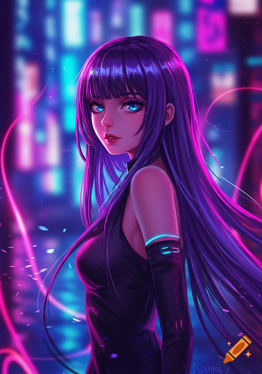 Anime woman with long purple hair and blue eyes, wearing a black dress in a neon-lit cyberpunk city.