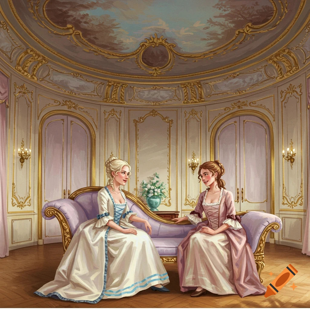 Two women in Rococo dresses talk on a lavender sofa in an opulent French salon, illustration style.