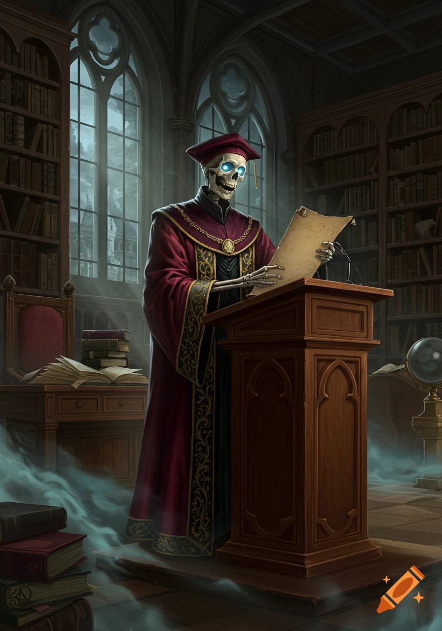 A skeletal scholar in a red academic robe lectures from a podium in a gothic library, holding a scroll amidst glowing mist.
