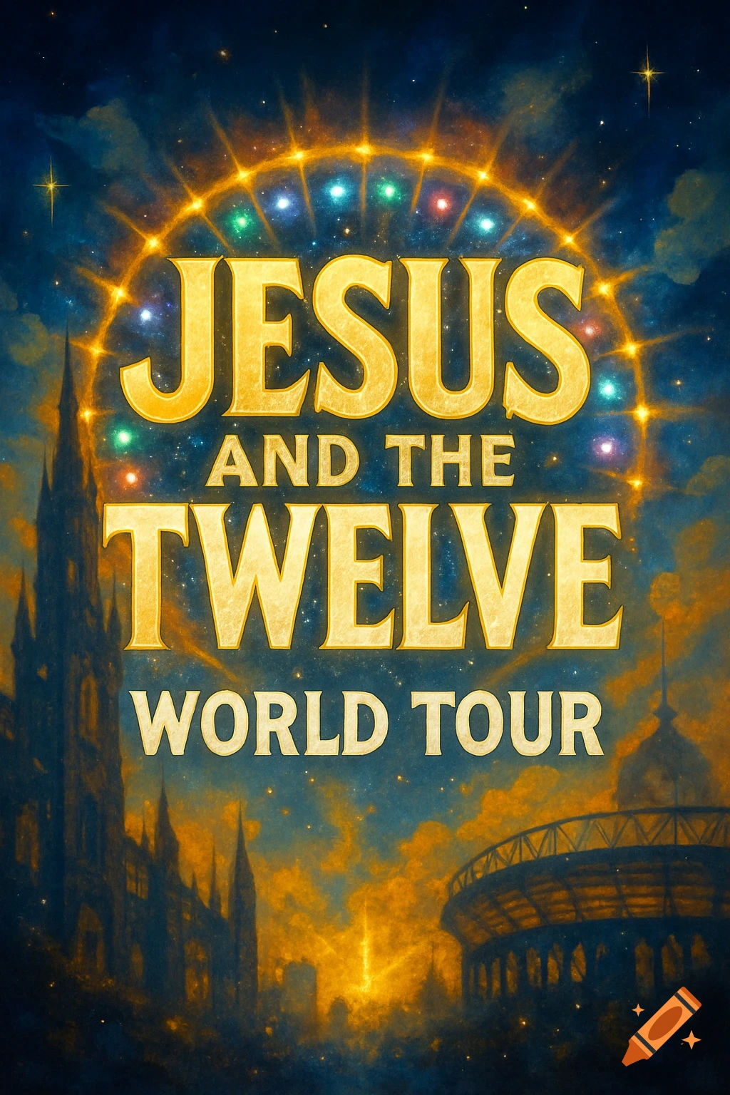 Vibrant golden 'Jesus and the Twelve World Tour' poster with glowing stars, cathedral, and stadium against a cosmic blue and orange sky.