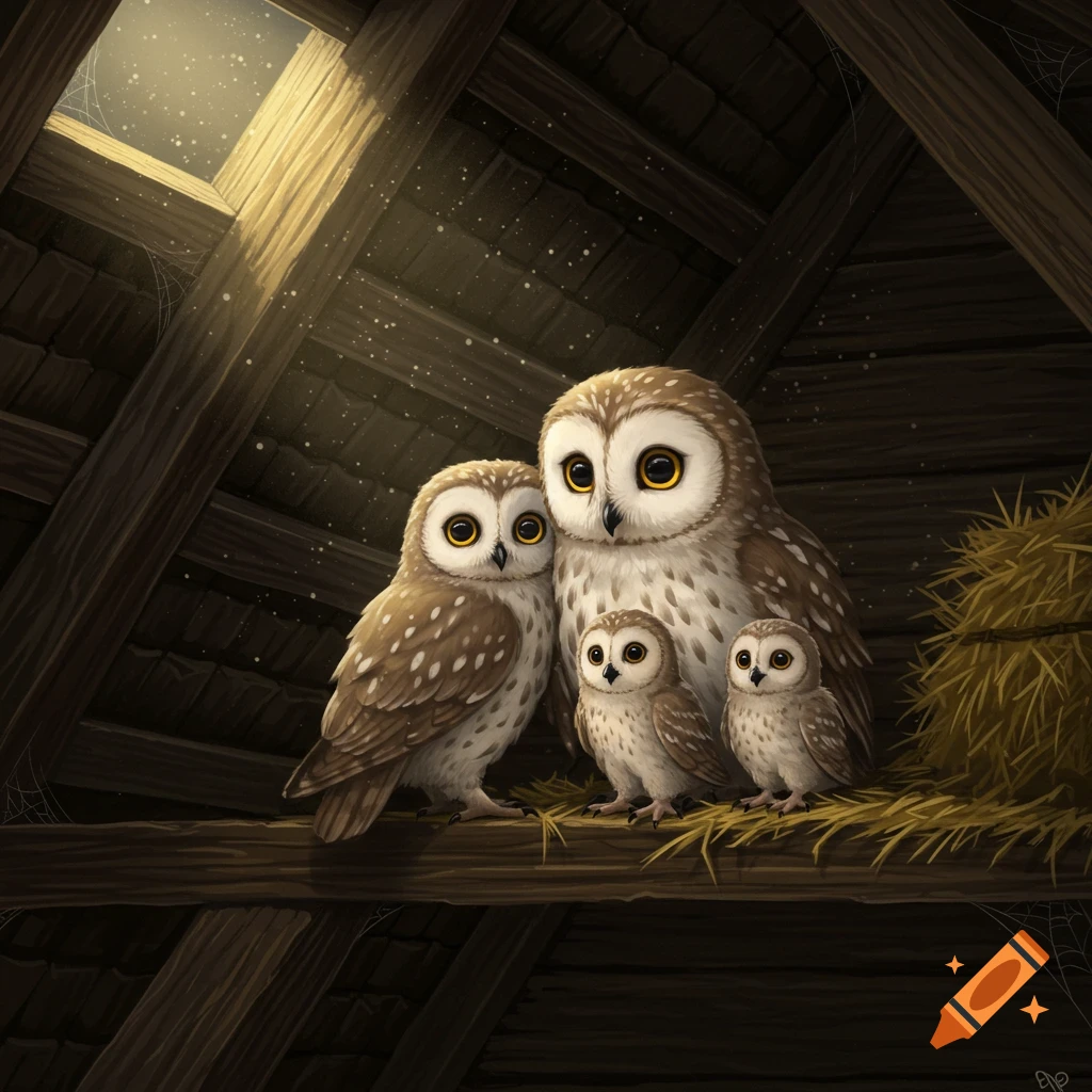 An owl family (two adults, two owlets) sitting on a wooden beam in a dimly lit barn loft, with light shining from above.