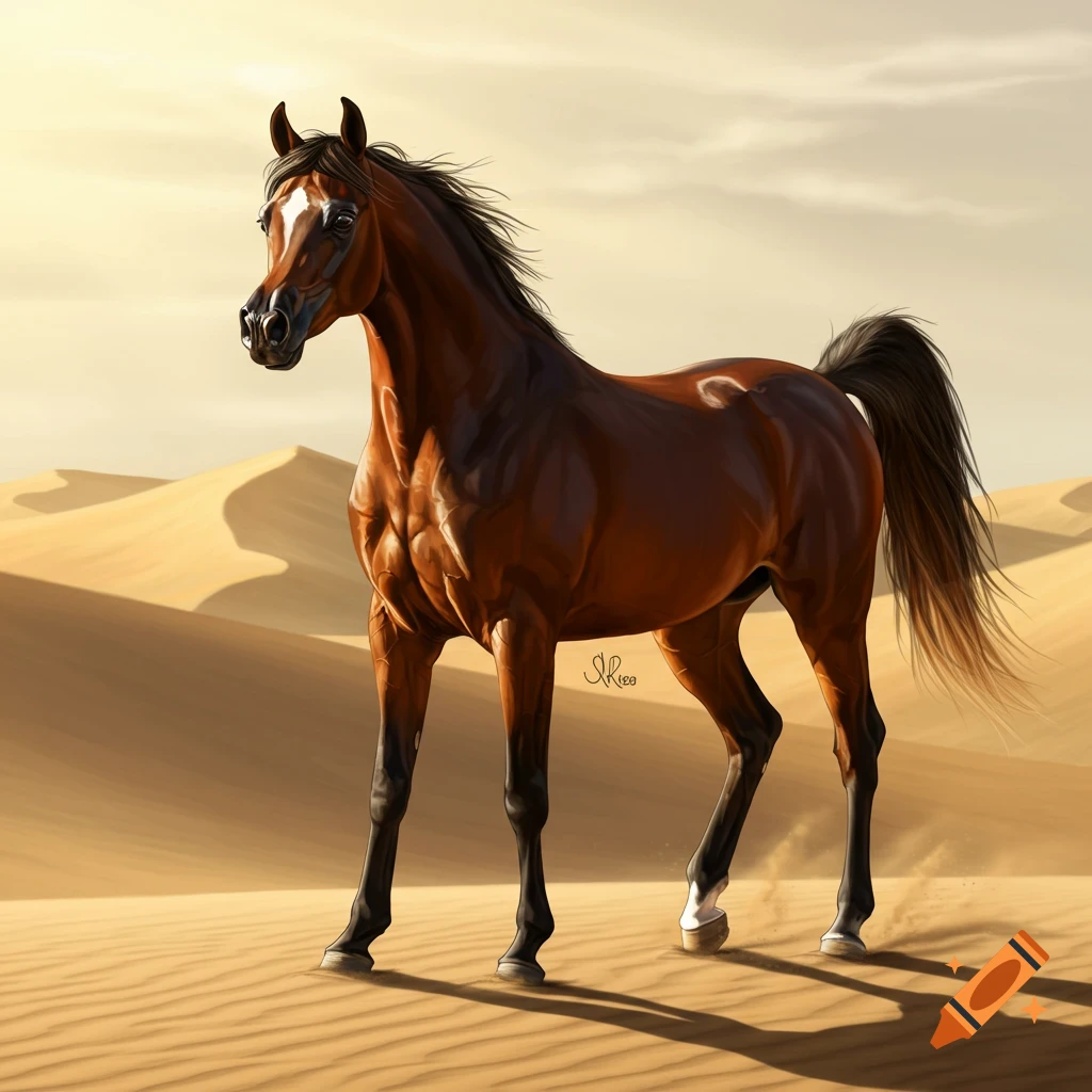 A majestic brown Arabian horse with a white blaze stands on sand dunes under a bright sky, digital painting.