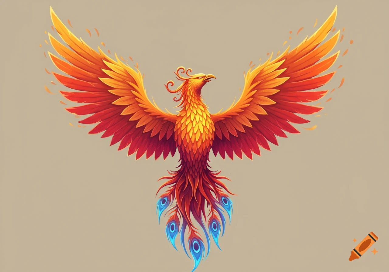 A vibrant, stylized phoenix with outstretched fiery red, orange, and yellow wings and blue-tipped tail feathers, on a neutral background.