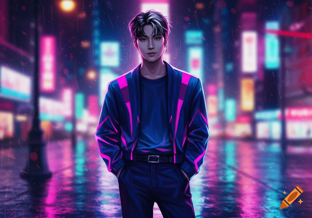 Anime-style K-pop man in a neon pink and blue jacket stands on a rainy cyberpunk city street at night.