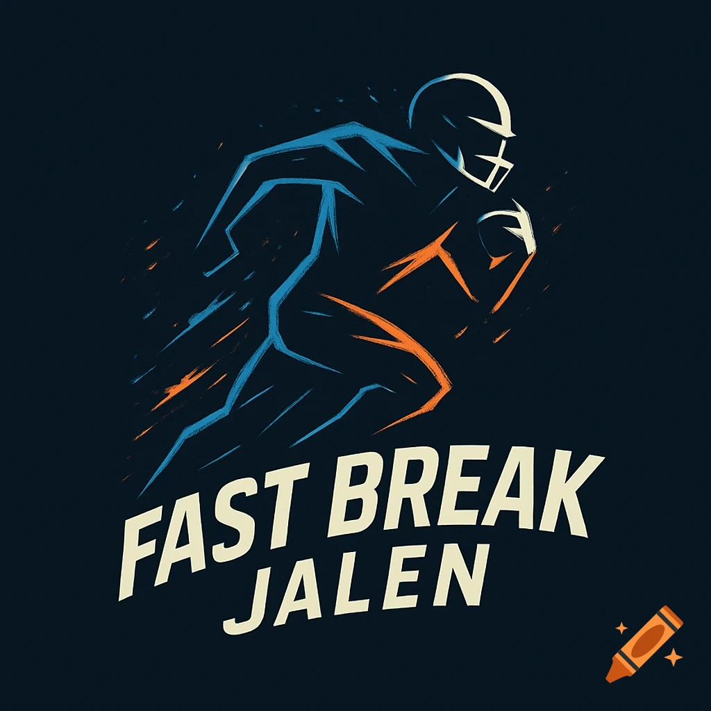 Stylized illustration of a football player running in blue and orange, with the text FAST BREAK JALEN.