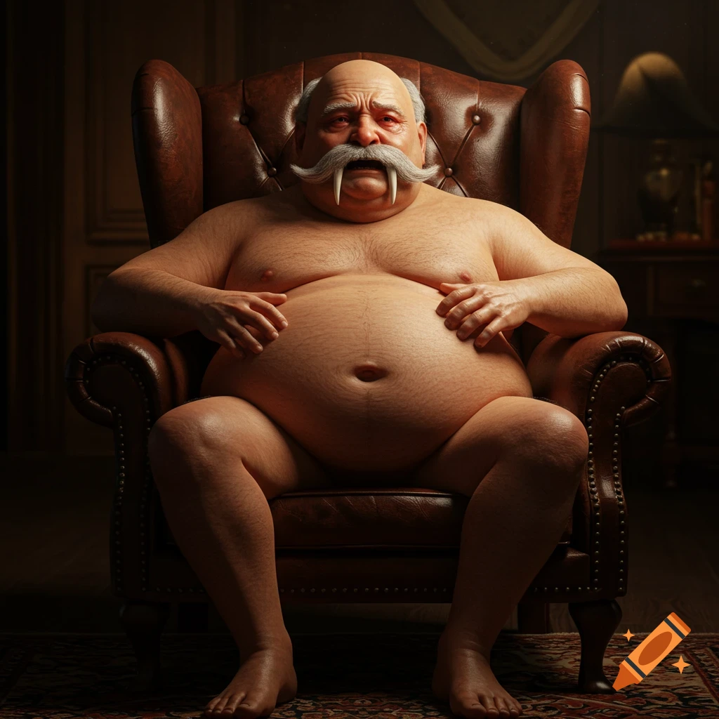 Photorealistic portrait of an enormously fat, bald old man with a walrus mustache, massaging his belly in a leather armchair.