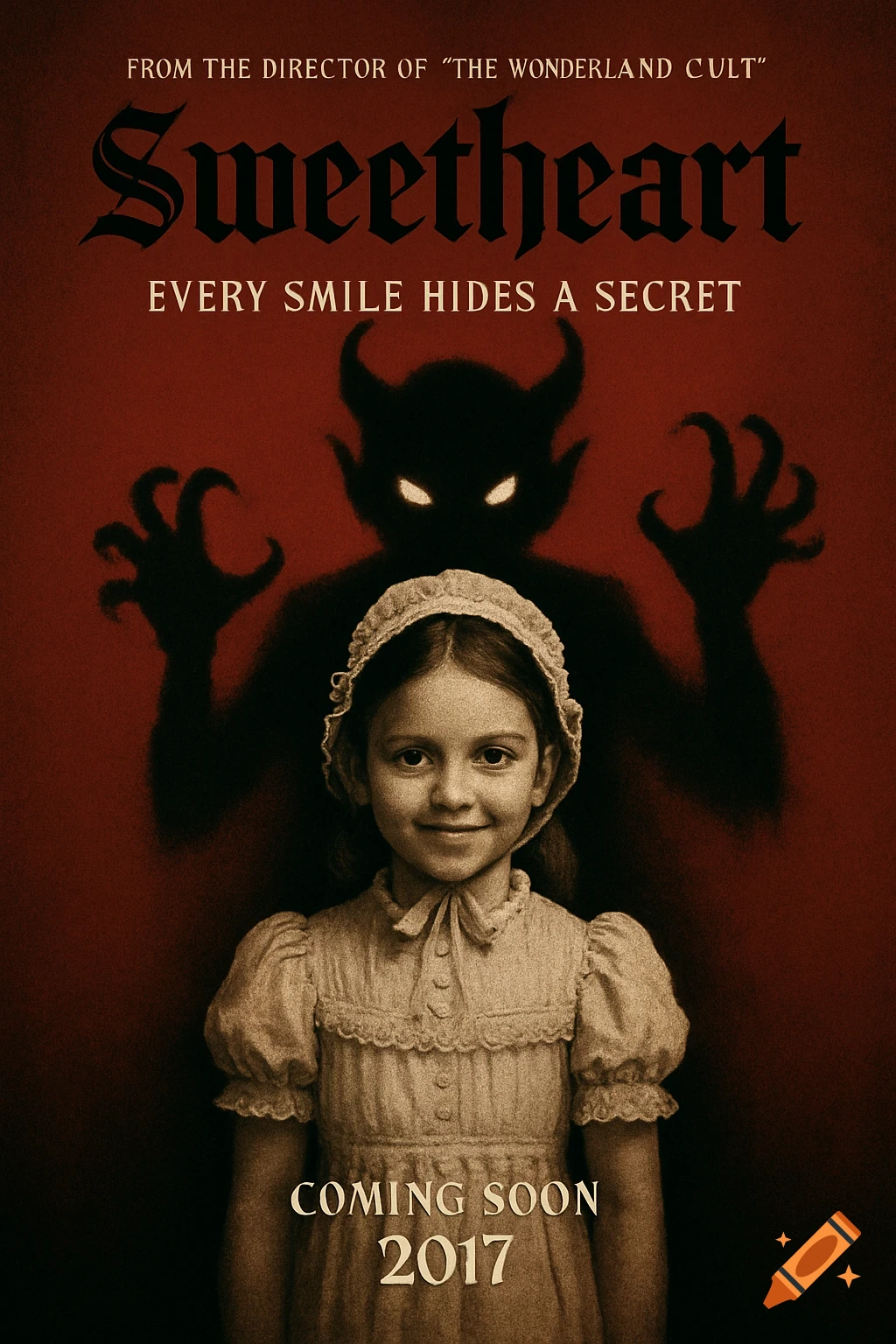 A vintage-style horror movie poster with a smiling girl in old-fashioned clothes and a demonic shadow behind her on a red background.