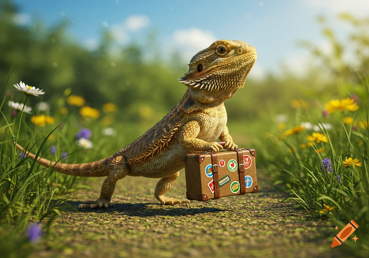 A photorealistic bearded dragon walks on a path through a field of wildflowers, carrying a small brown suitcase.