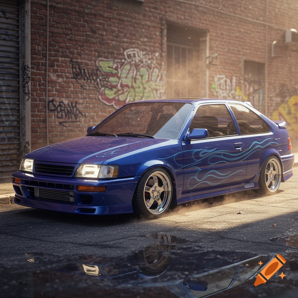 A blue modified Toyota Tercel with custom flame decals parked on a city street with graffiti-covered brick walls, reflecting in a puddle.