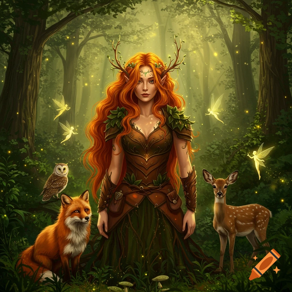 A ginger-haired forest fairy with antlers stands in an enchanted forest with an owl, fox, and deer, surrounded by fairies.