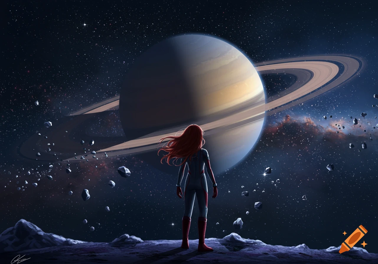 Red-haired person in a spacesuit on an alien moon looking at Saturn with rings in a starry sky with asteroids.