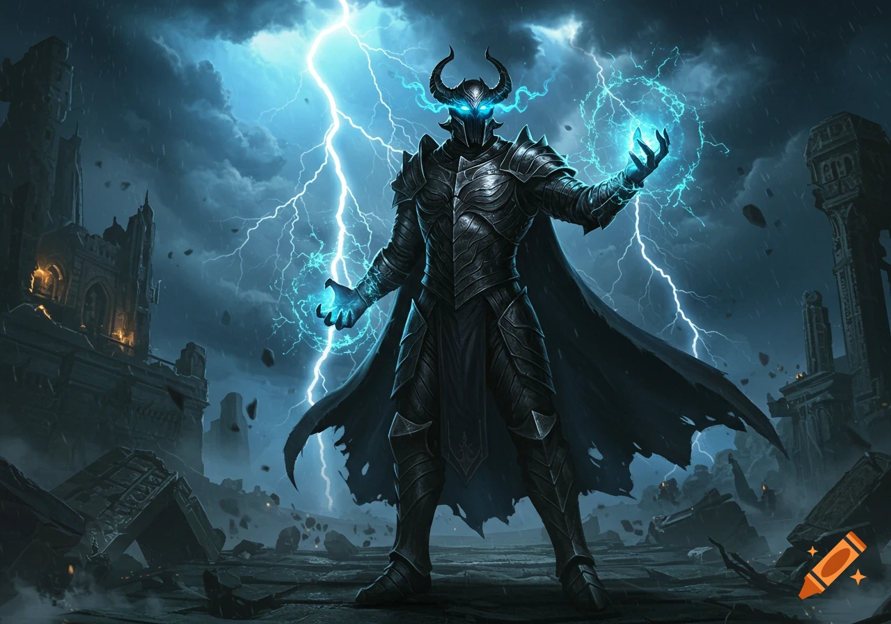 A horned villain in black armor with glowing blue eyes and hands, casting lightning amidst ruins under a stormy sky.