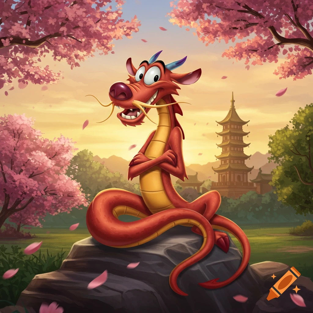 Mushu the red dragon sits on a rock amidst pink cherry blossoms and a distant pagoda at sunset, in a cartoon style.