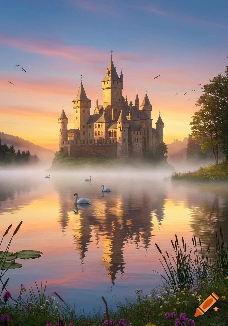 A majestic castle rises from a misty lake at sunrise, reflecting the colorful sky, with swans gracefully swimming in the foreground.