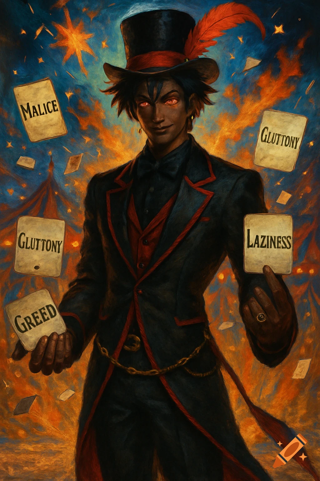 An anime character with dark skin, spiky black hair, and red eyes, wearing a black and red ringmaster suit and top hat, holding cards labeled "Malice," "Gluttony," "Greed," and "Laziness" in a fiery circus setting. The style is oil painting.