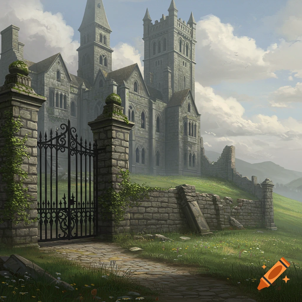 A gothic stone manor with tall towers and a black iron gate, surrounded by crumbling walls and a grassy hillside under a cloudy sky.