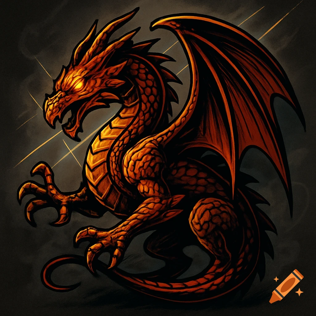 A stylized fierce red and orange dragon with glowing eyes, its wings spread, against a dark background.