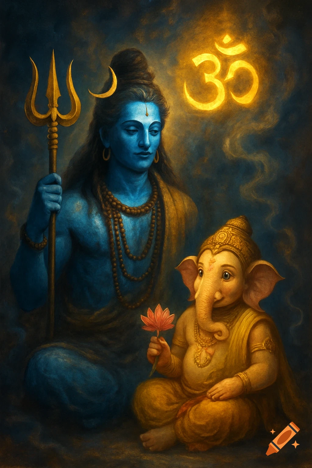 Blue-skinned Lord Shiva with a trident and golden Lord Ganesha with a lotus sit under a glowing Om symbol in a dark, spiritual painting.