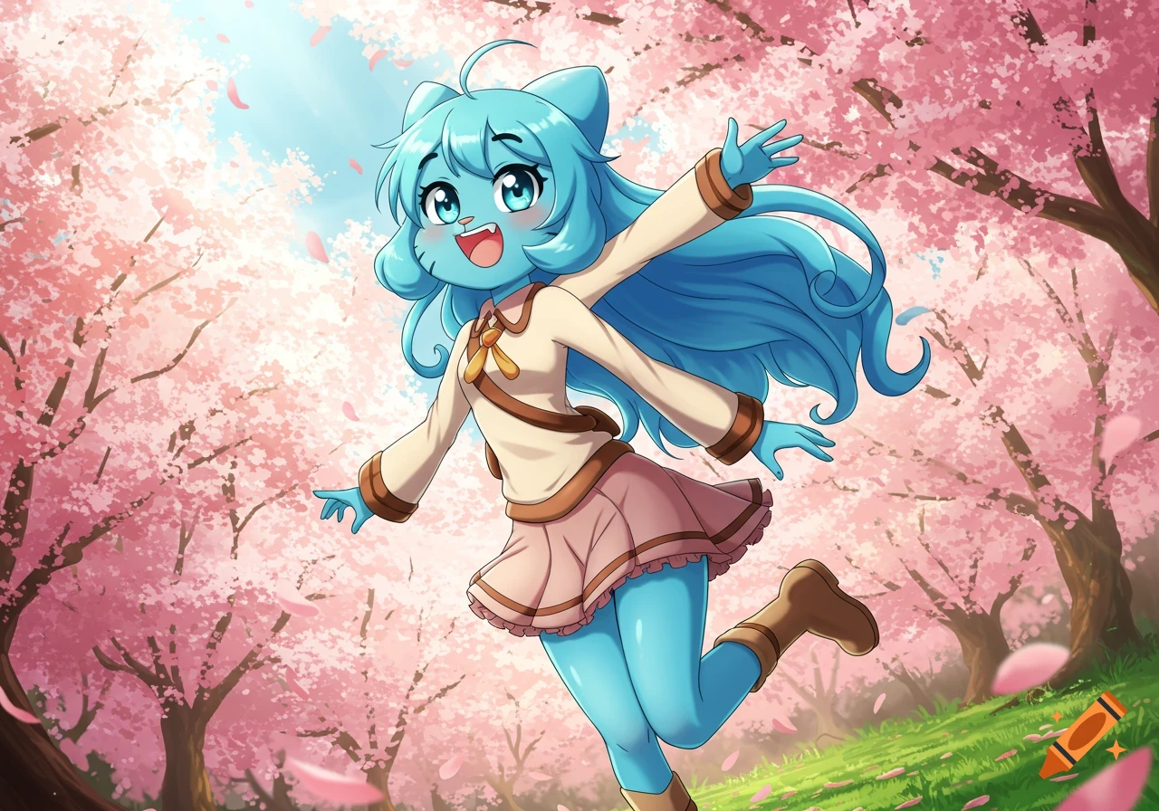 An anime-style blue cat-girl character from Gumball, smiling happily with arms outstretched in a vibrant cherry blossom forest.