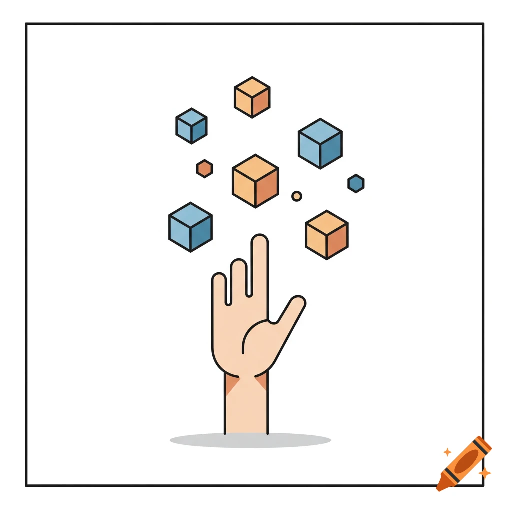 Stylized vector illustration of a hand reaching up towards floating blue and orange cubes.