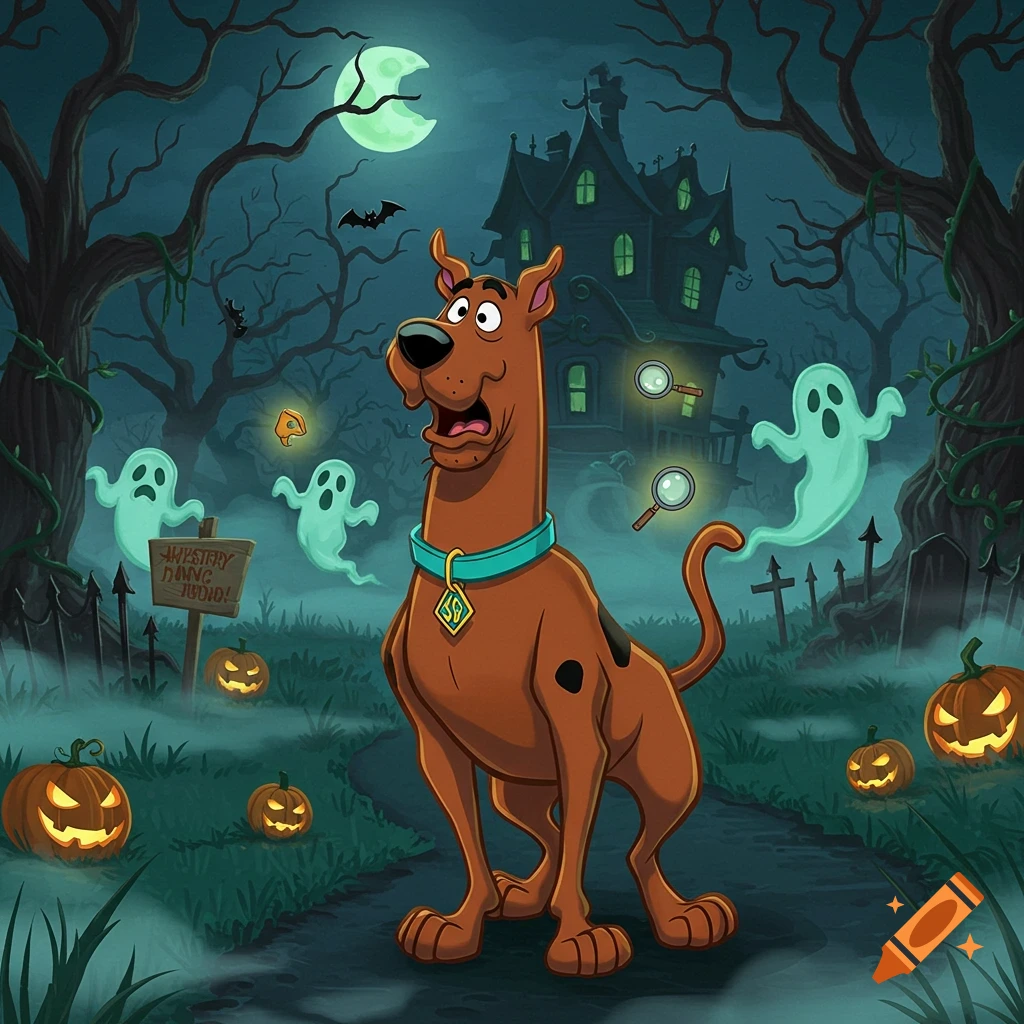 Scooby-Doo looks scared on a path in front of a spooky mansion, surrounded by ghosts and jack-o'-lanterns under a full moon in a cartoon style.