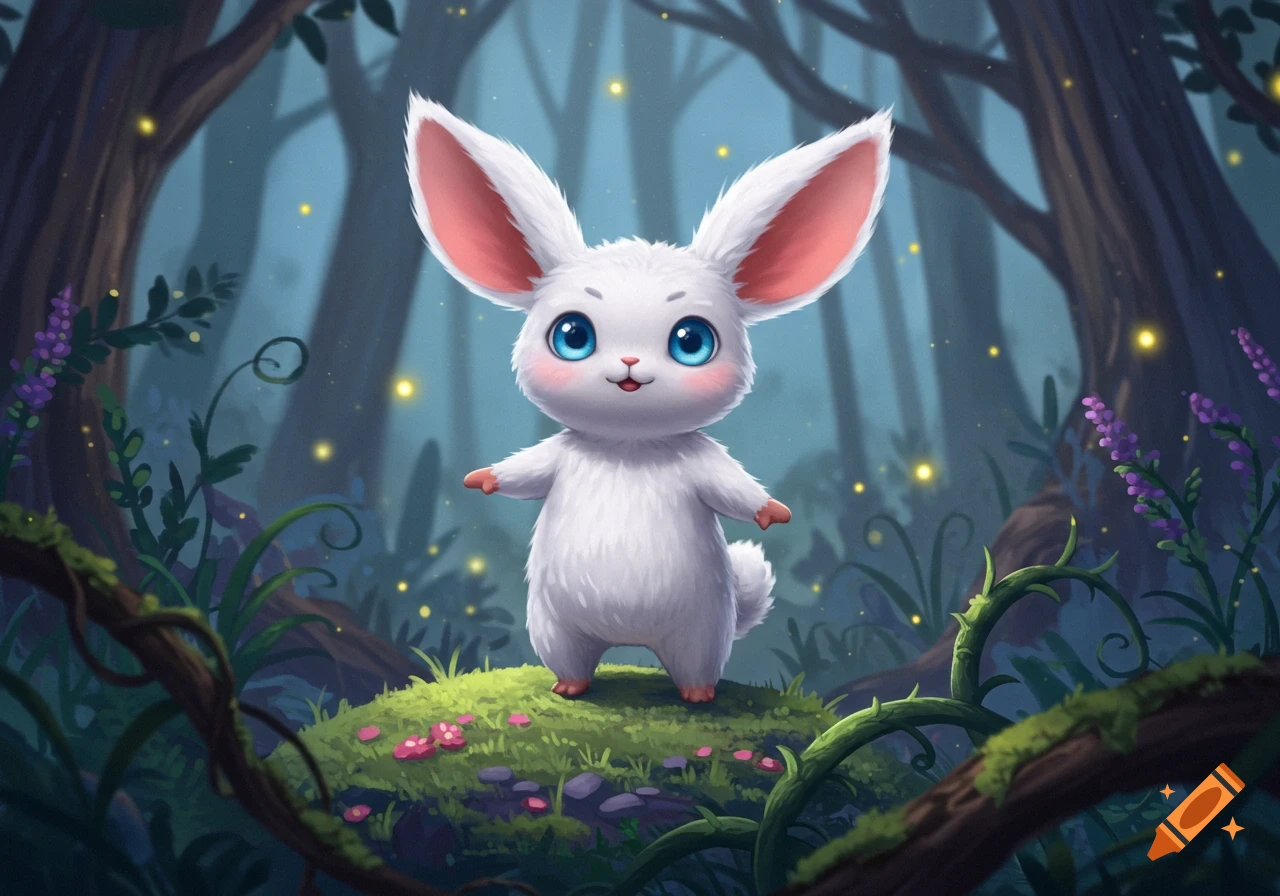 A cute, fluffy white rabbit with big ears and blue eyes stands on a mossy mound in a magical forest with fireflies.