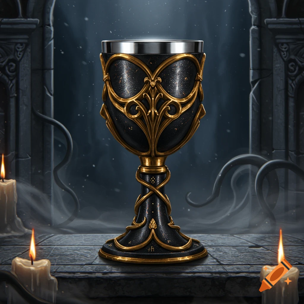 Ornate black and gold goblet on a stone surface with lit candles in a dark, gothic setting.